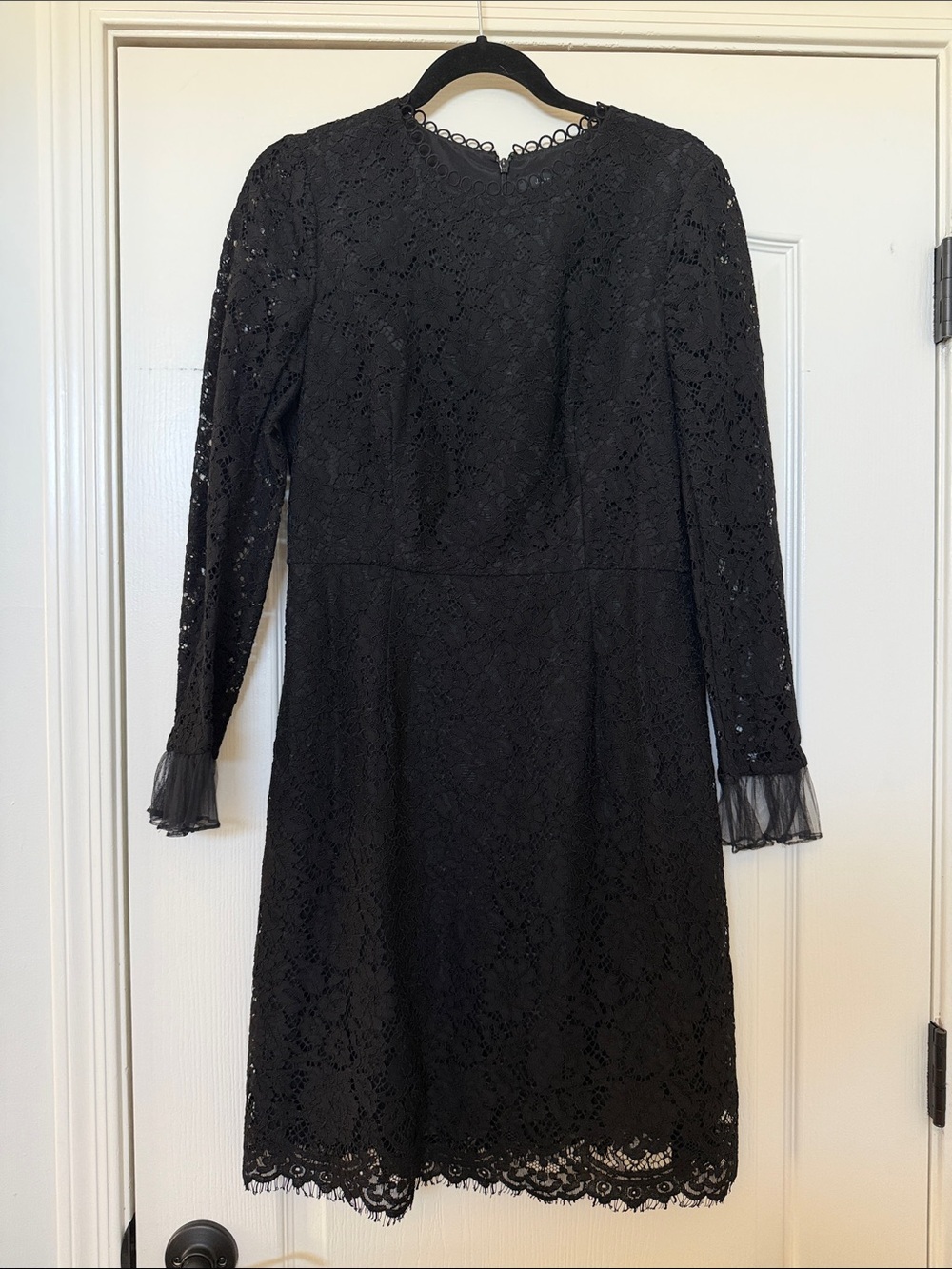 J.Crew Black Lace Long Sleeve Dress w/ Loop Button Neckline & Ruffle Cuffs
